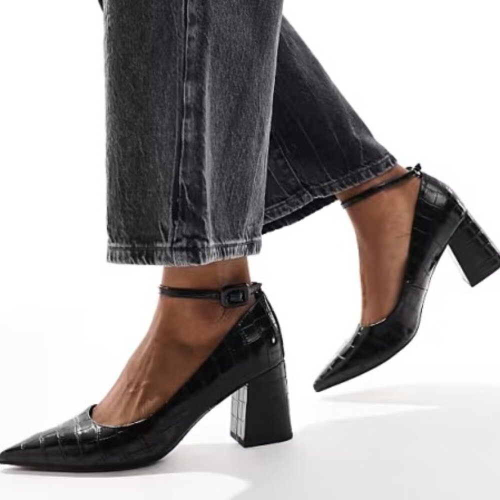 ASOS DESIGN Security mid block heeled shoes in black croc